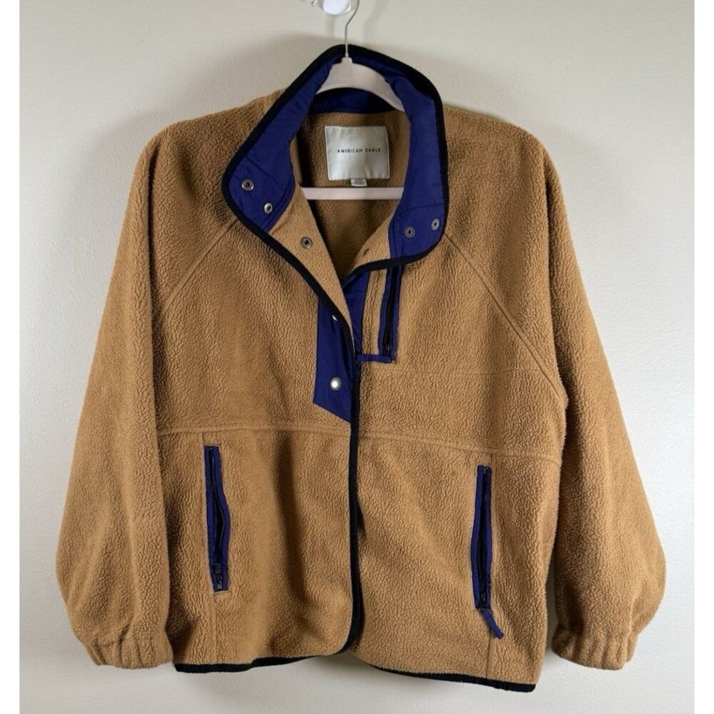 American Eagle Outfitters Womens 1/2 Zip Sherpa Jacket Tan/Blue M